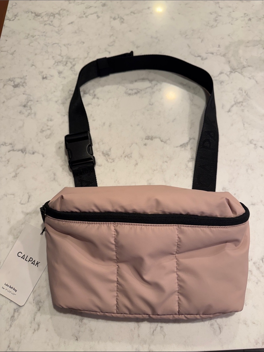 Calpak Luka Pink Quilted Crossbody Belt Bag with Black Strap